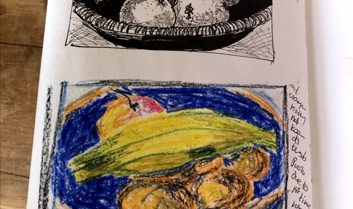 two drawings of fruit in a bowl