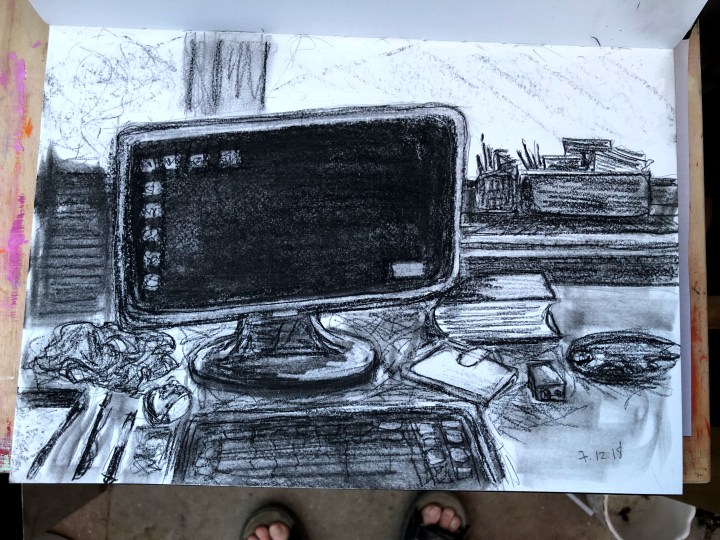 black and white drawing of a scene including computer screen and keyboard.