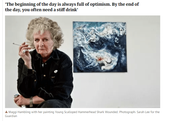 Maggi Hambling with a painting of the sea