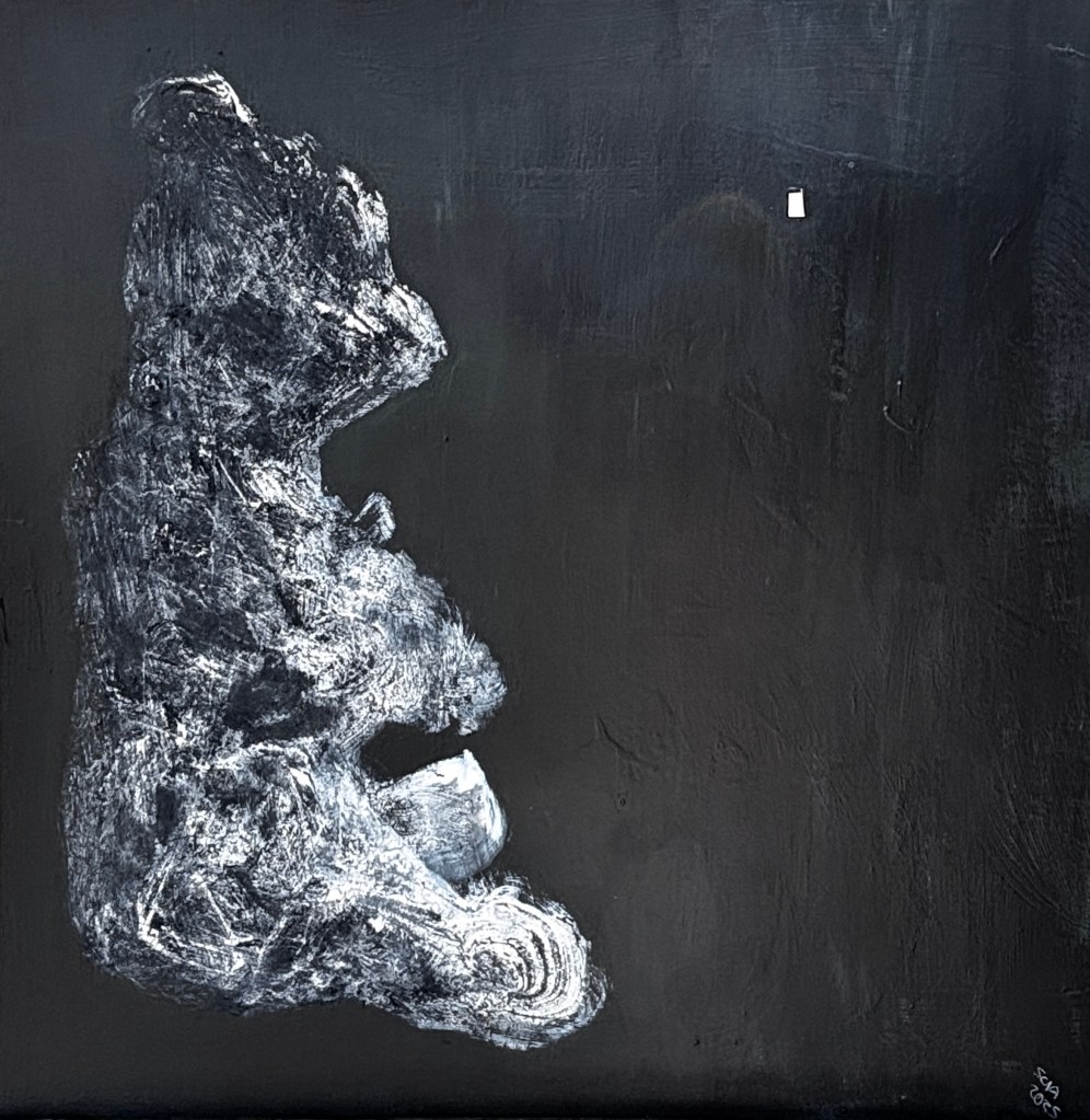 bear looking at a light from a faraway door