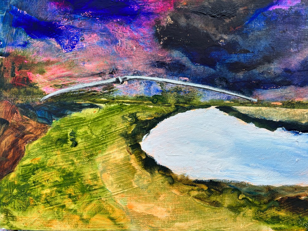 Painting with a dark blue and pink fantastical sky, green fluid-looking river banks, a river like porcelain, and an unnatural metallic object spanning the river.