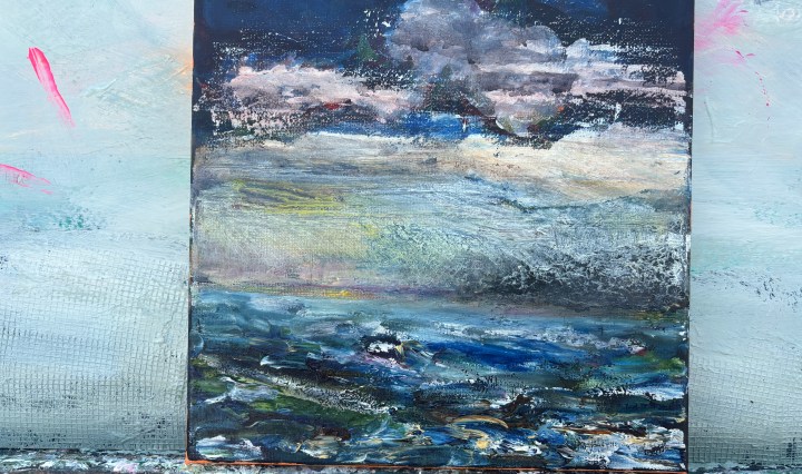Predominately blue land/sea scape with clouds, hints of a storm, and a sea with a boat.